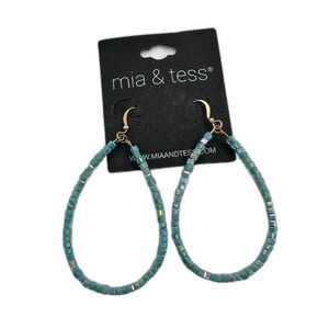 Mia & Tess Blue Iridescent Beaded Tear Drop Dangle Earrings Gold Tone NEW